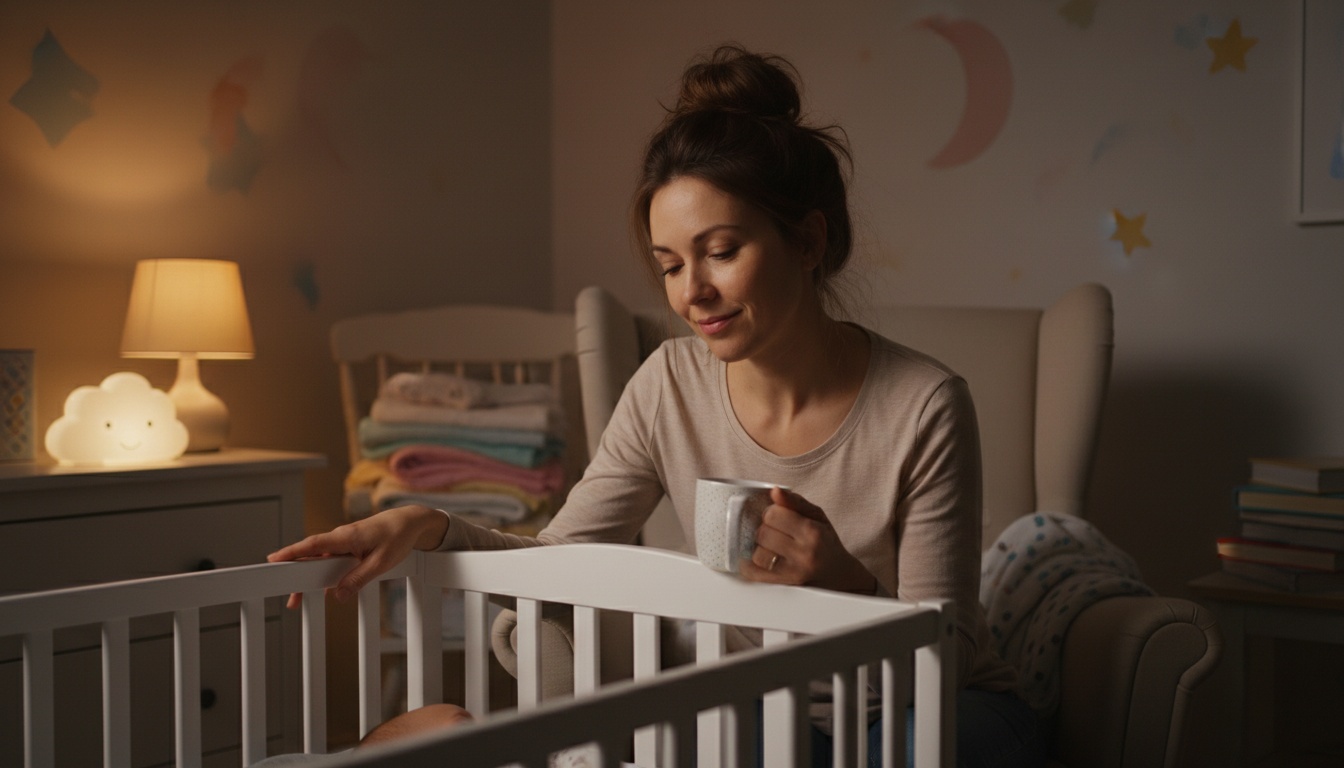 Exhausted parent sitting beside baby's crib in dimly lit bedroom, contemplating sleep training decisions with a concerned but determined expression