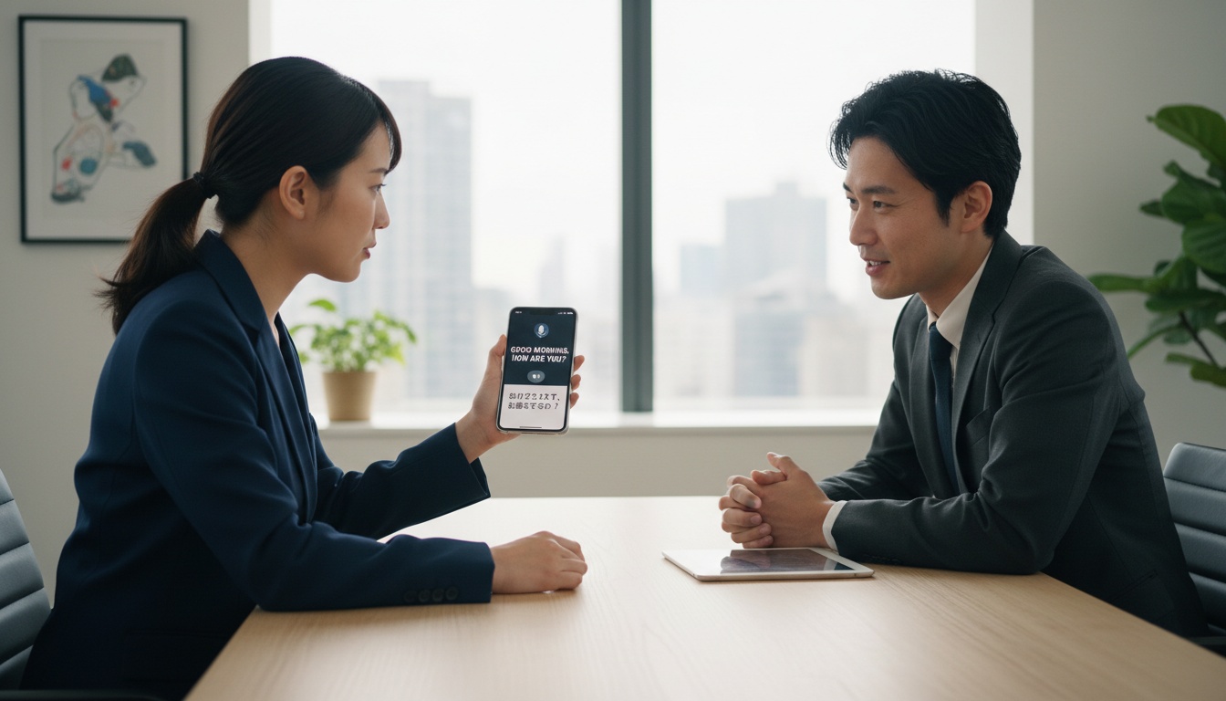 Two professionals engaged in conversation with a smartphone displaying a translation app, representing real-time business communication and language interpretation technology.