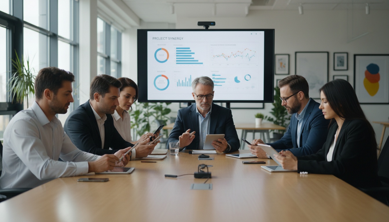 Diverse professionals in a modern office collaborating with digital devices during a business meeting, demonstrating workplace communication and technology use.