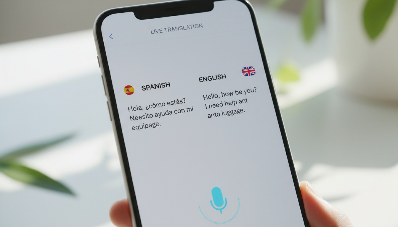 Smartfon wyświetlający aplikację do tłumaczenia na żywo z widocznymi językami hiszpańskim i angielskim, pokazujący interfejs tłumaczenia w czasie rzeczywistym z aktywowanym mikrofonem.
