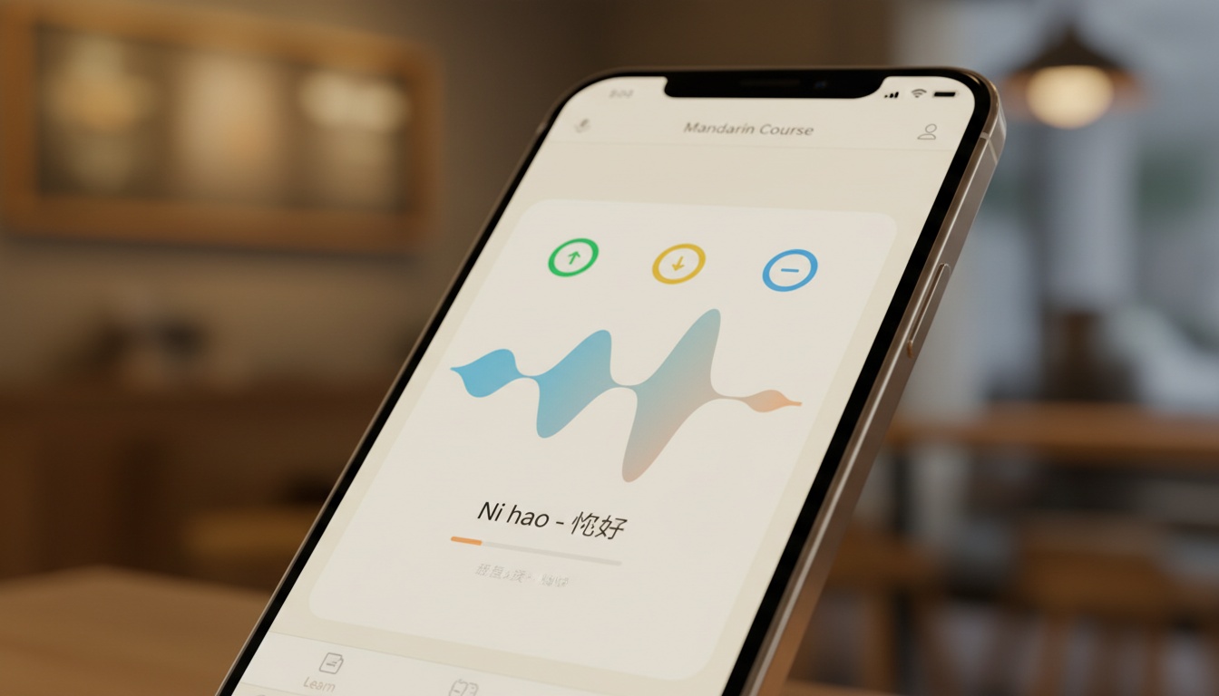 Écran de smartphone affichant une application d'apprentissage du mandarin avec visualisation audio et reconnaissance des tons pour la pratique orale.