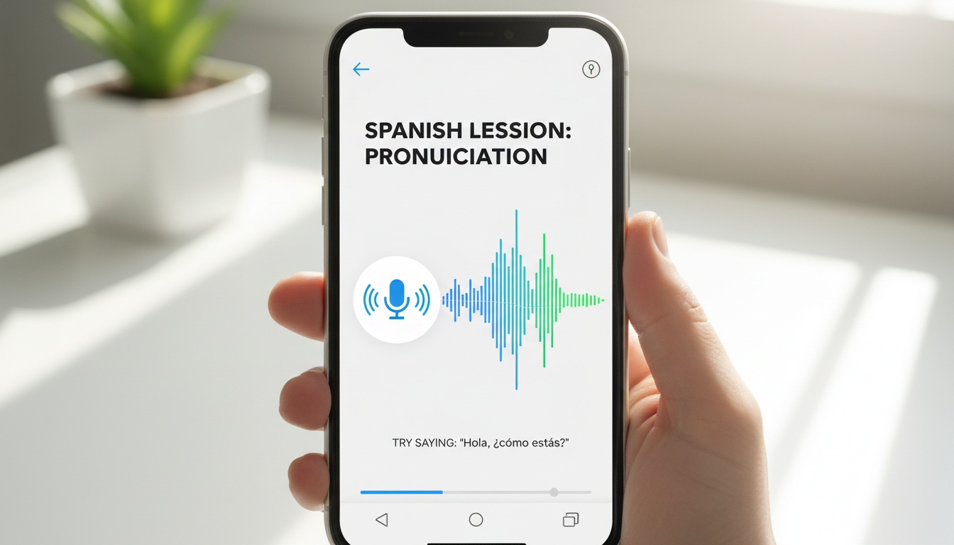 Écran de smartphone affichant une application d'apprentissage des langues avec des formes d'ondes audio et une icône de microphone pour la pratique de la reconnaissance vocale.
