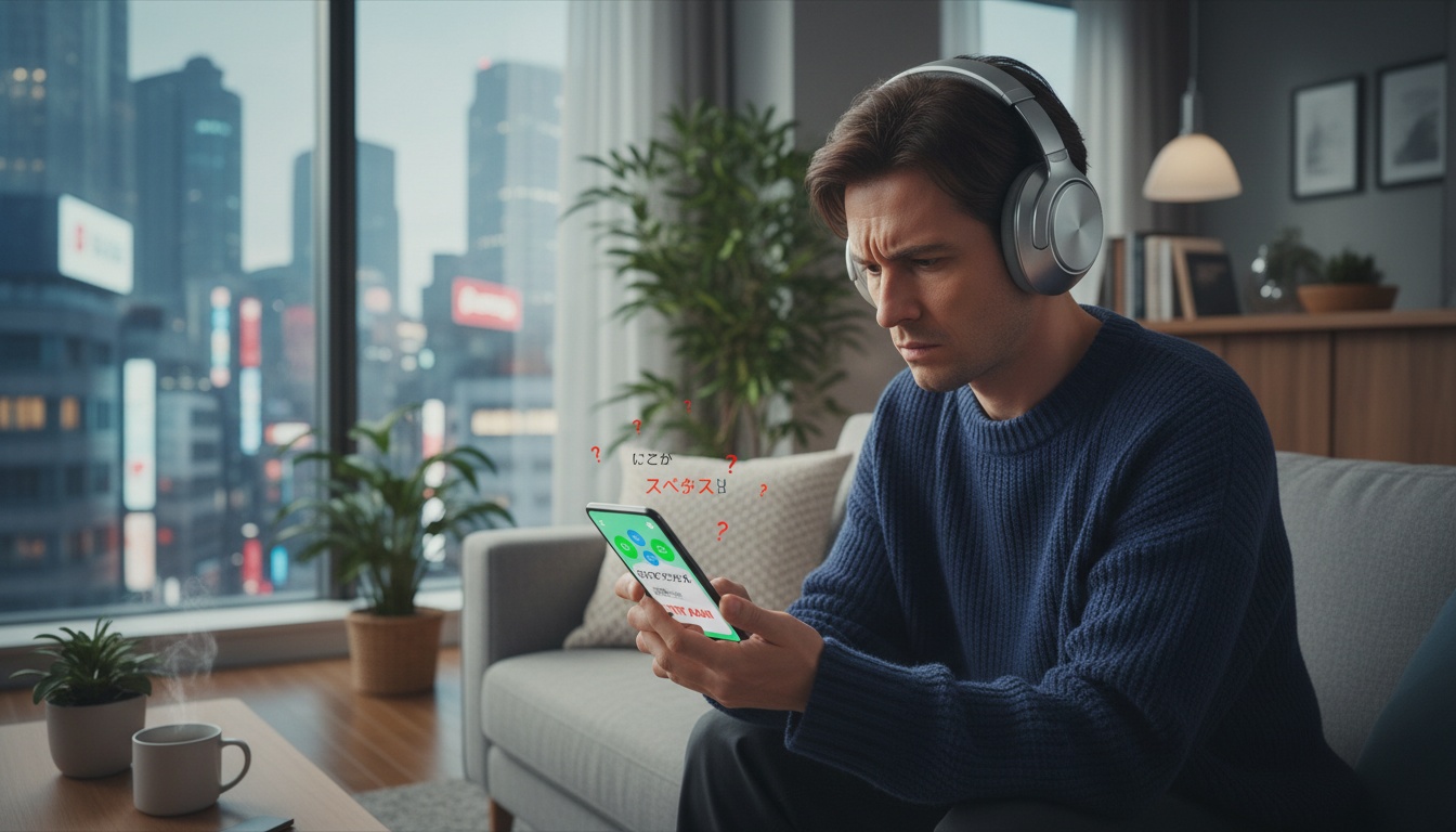 Person wearing headphones looking frustrated while holding a smartphone displaying a language learning app in a Tokyo apartment setting.