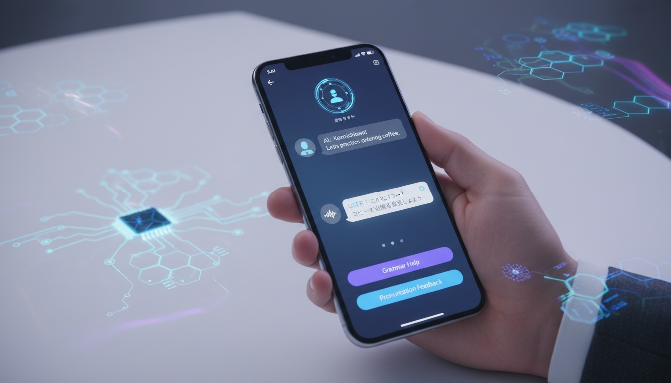 Pantalla de smartphone mostrando una interfaz de app de aprendizaje de idiomas con práctica conversacional y contenido de lecciones personalizadas sobre un fondo moderno y minimalista.