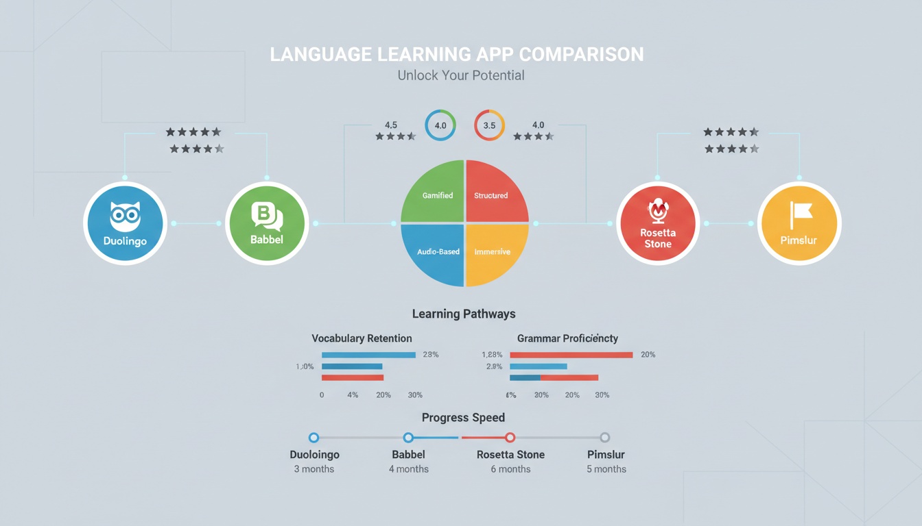 Diseño comparativo visual de cuatro apps de aprendizaje de idiomas con indicadores de valoración, gráficos y elementos de diseño interconectados que representan diferentes funciones y niveles de precios.