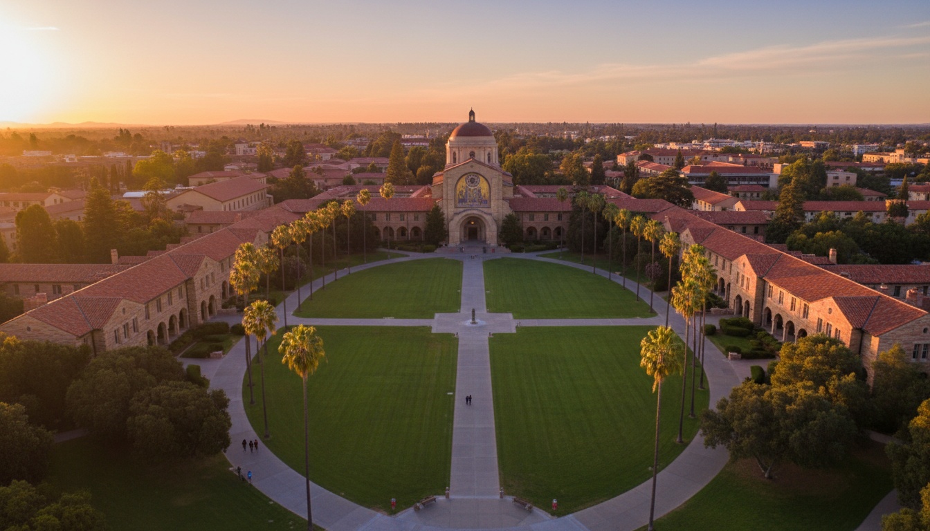 Aerial photograph of Stanford University's Main Quad showing historic buildings, palm trees, and manicured grounds under California sunlight.