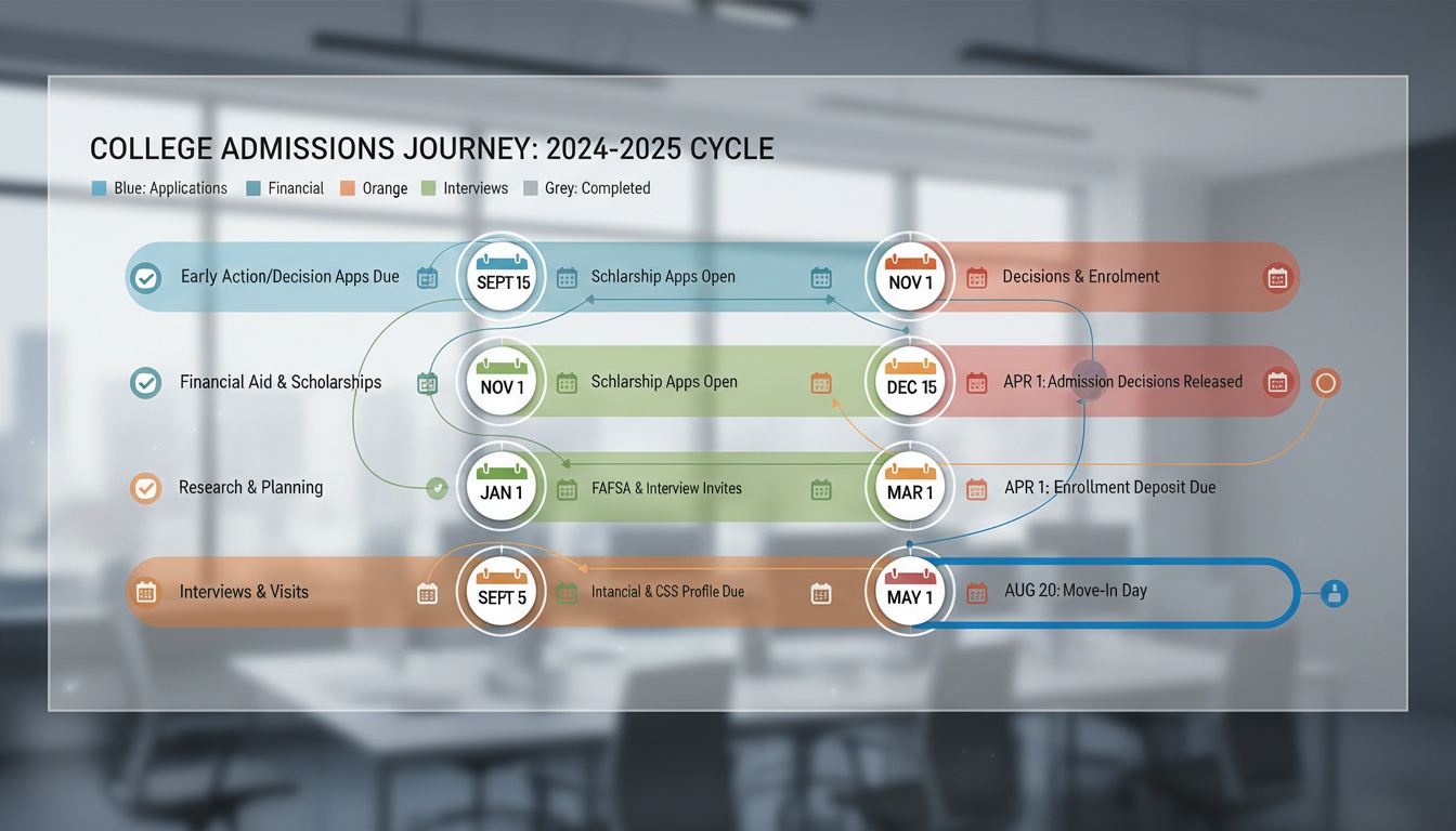 Clean timeline graphic displaying college application milestones with color-coded sections representing different decision tracks and deadline dates throughout the admissions cycle.