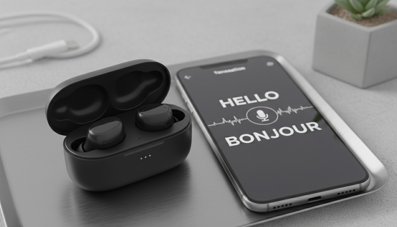 Wireless earbuds next to a smartphone showing a translation app interface on a clean, professional surface.