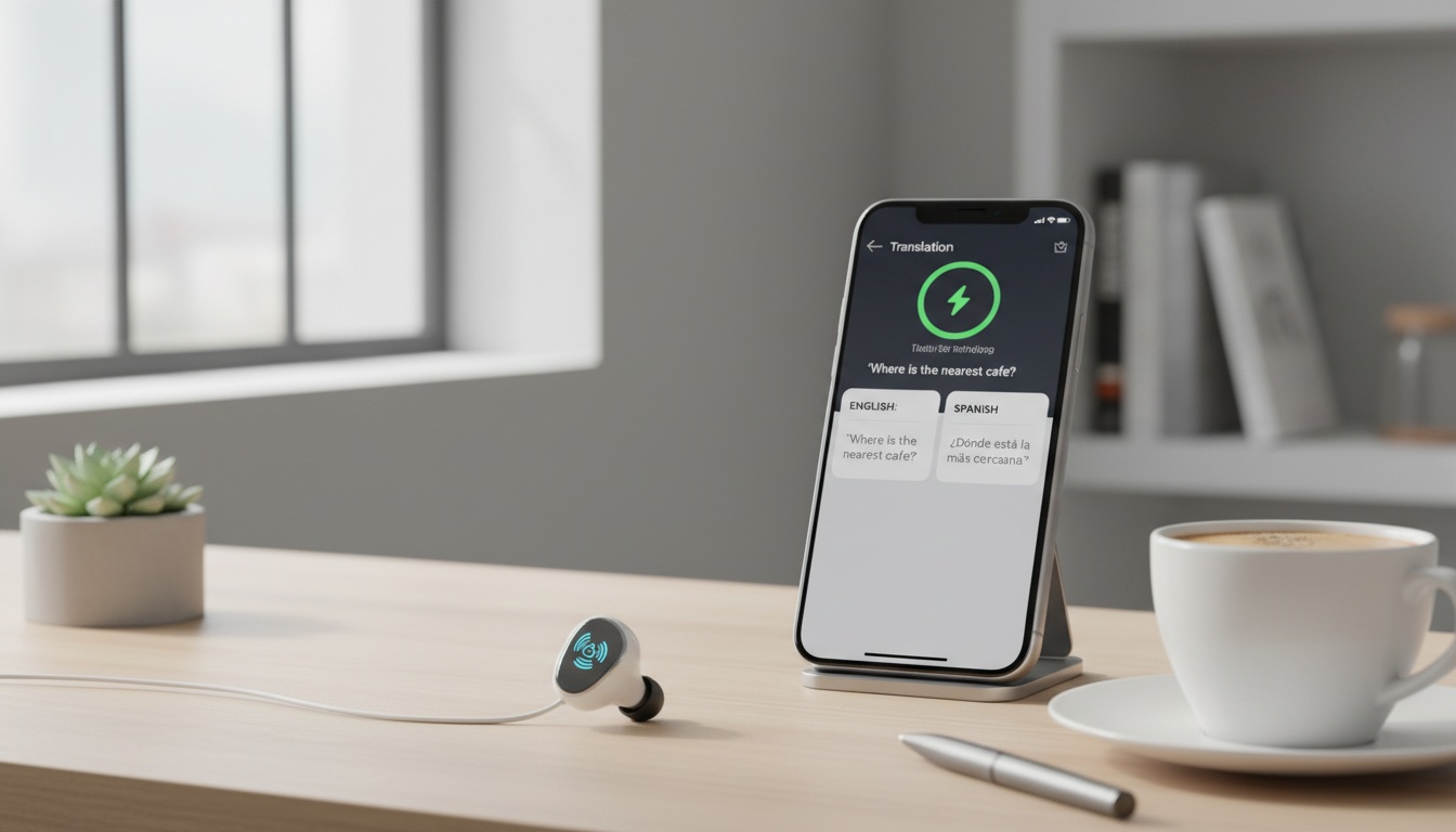 Wireless earbuds next to a smartphone showing translation interface on a clean desk with coffee, demonstrating language translation technology.