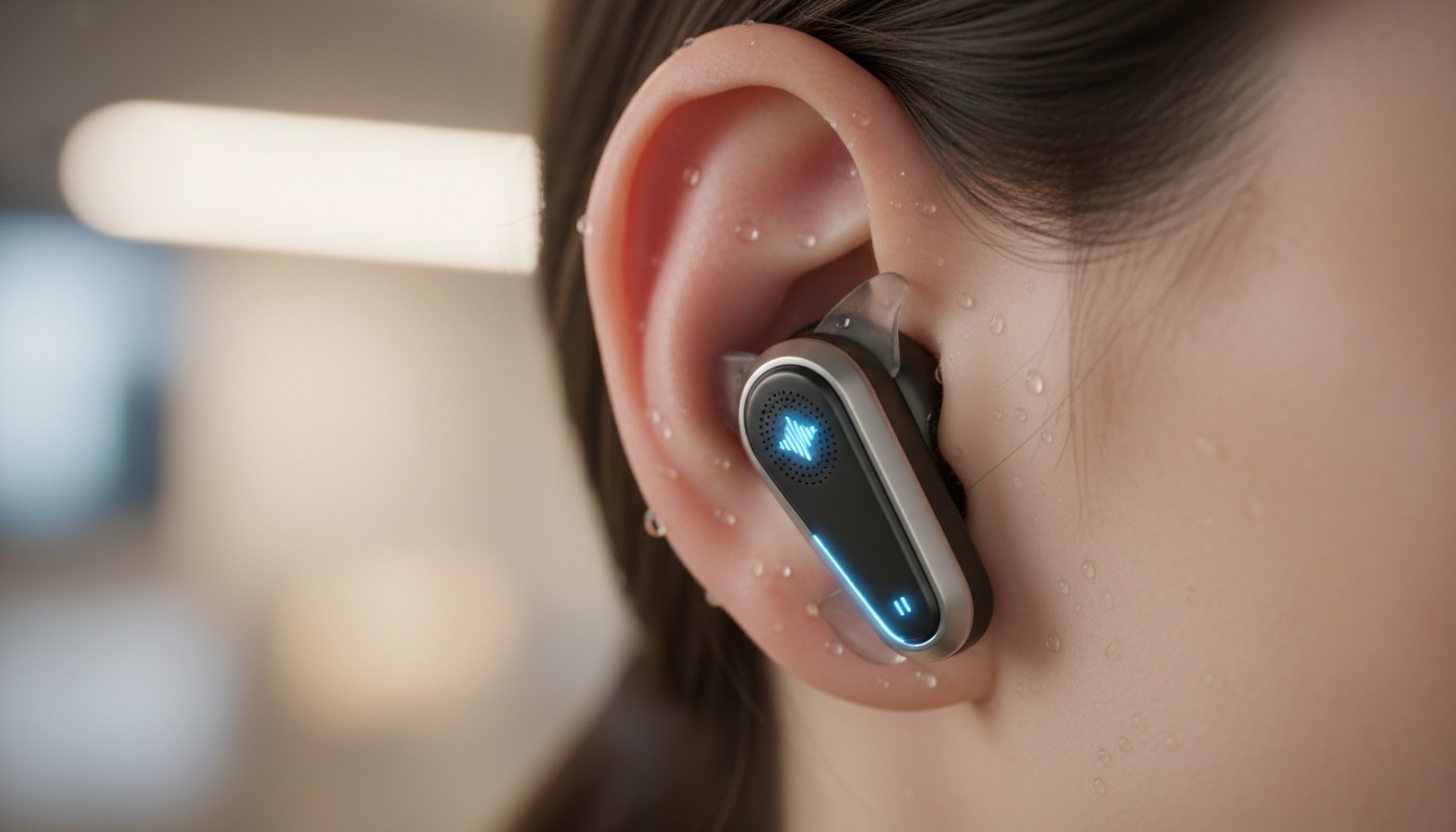 Nahaufnahme von Übersetzungs-Kopfhörern im Ohr während der aktiven Nutzung, die Echtzeit-Sprachübersetzungstechnologie in professioneller Umgebung demonstriert.