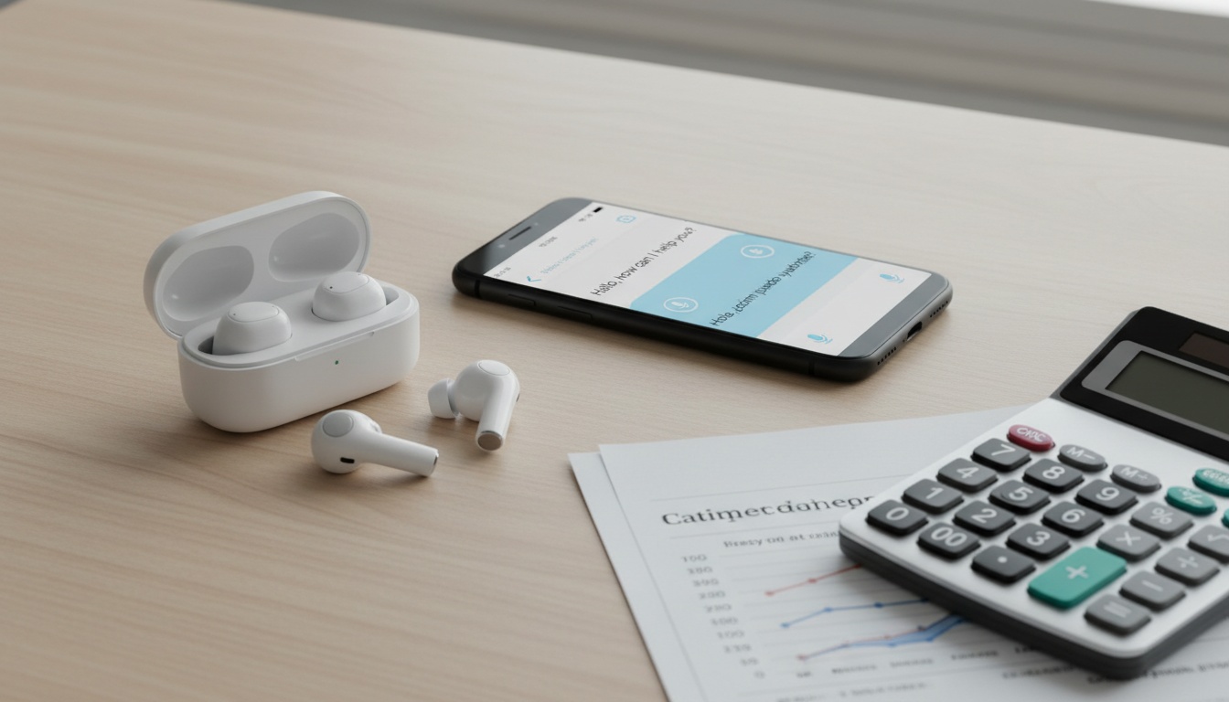 Übersetzungs-Kopfhörer und Smartphone mit Übersetzungs-App auf Schreibtischoberfläche neben Finanzdokumenten und Taschenrechner, die Abonnementkosten und Preisvergleich darstellen.