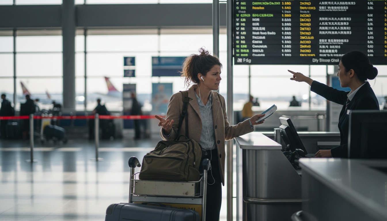 Reisender mit Übersetzungs-Earbuds im Gespräch mit einer Flughafen-Mitarbeiterin vor einer internationalen Abflugtafel, Gepäck in der Hand.