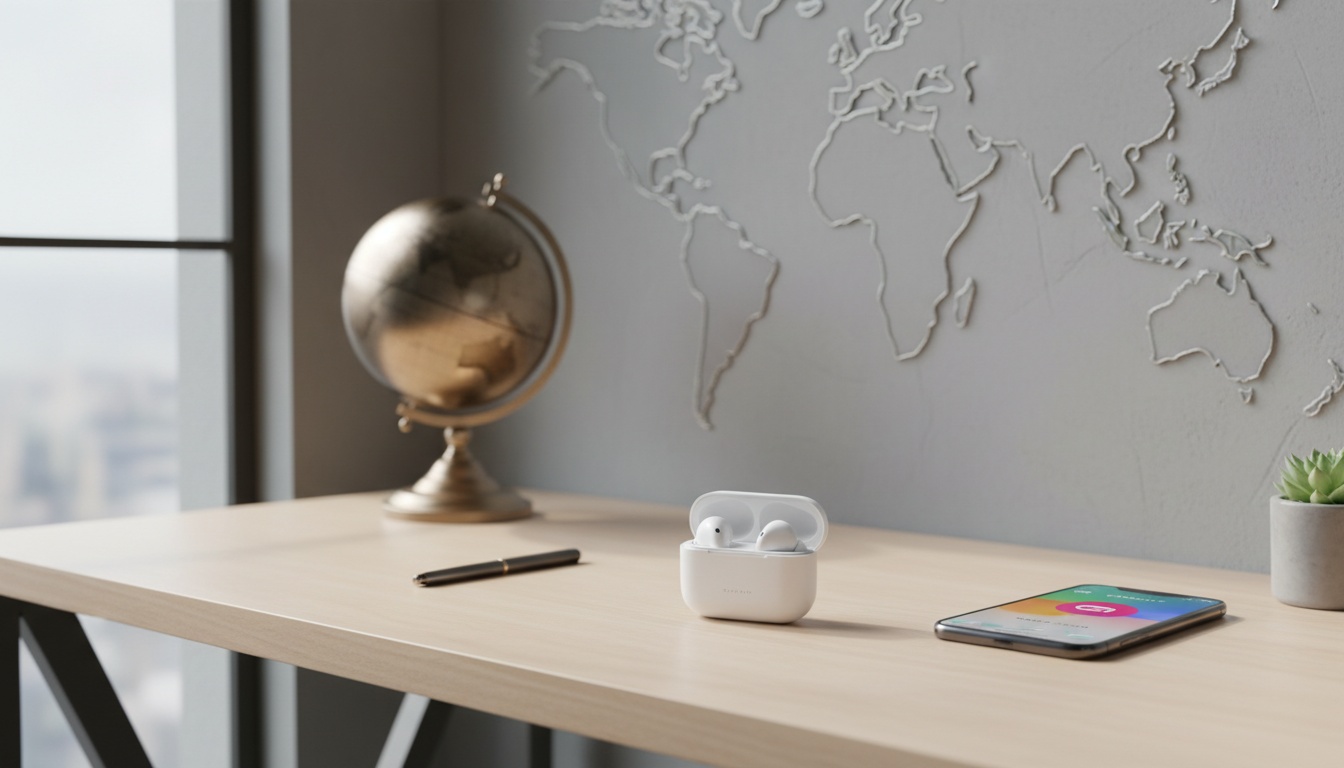 Vertaal oordopjes op een bureau met een wereldbol en smartphone met een vertaalinterface, als symbool voor meertalige communicatietechnologie.