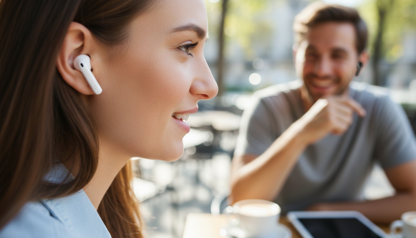 Due persone che indossano auricolari wireless impegnate in una conversazione, dimostrando la tecnologia di traduzione in tempo reale in un contesto di comunicazione pratica.