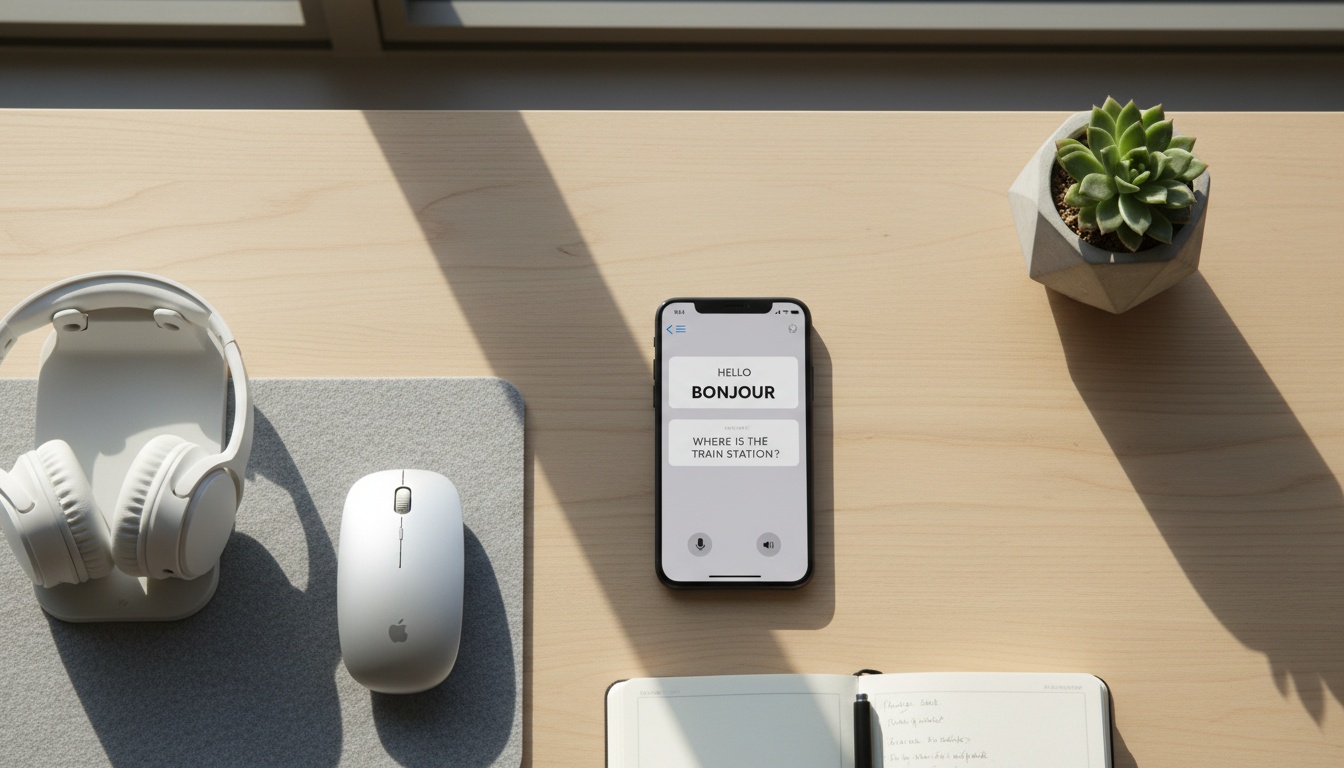 Smartphone che mostra app di traduzione sullo schermo con cuffie wireless su una scrivania pulita, rappresentando strumenti tecnologici di traduzione linguistica.