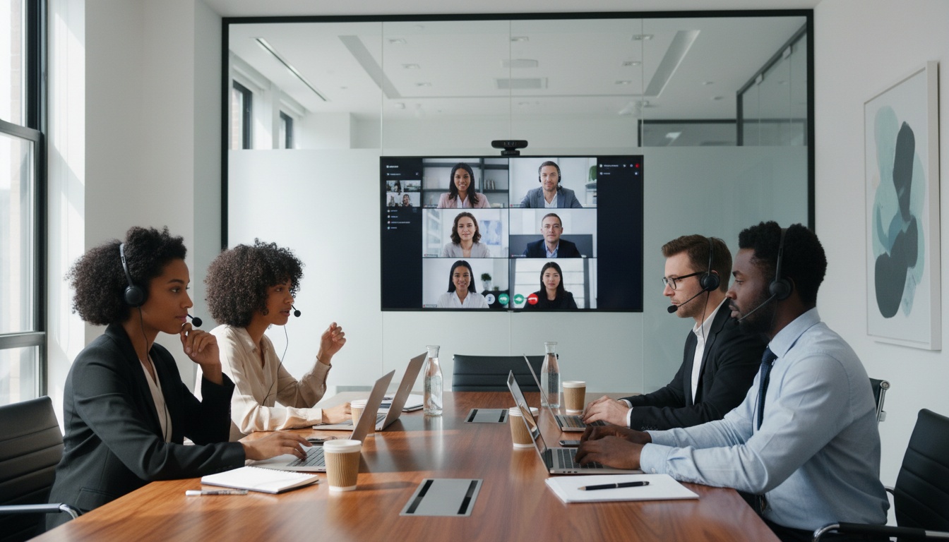 Diverse Geschäftsleute arbeiten in einem modernen Konferenzraum während eines mehrsprachigen Videomeetings mit sichtbarer Technologie zusammen