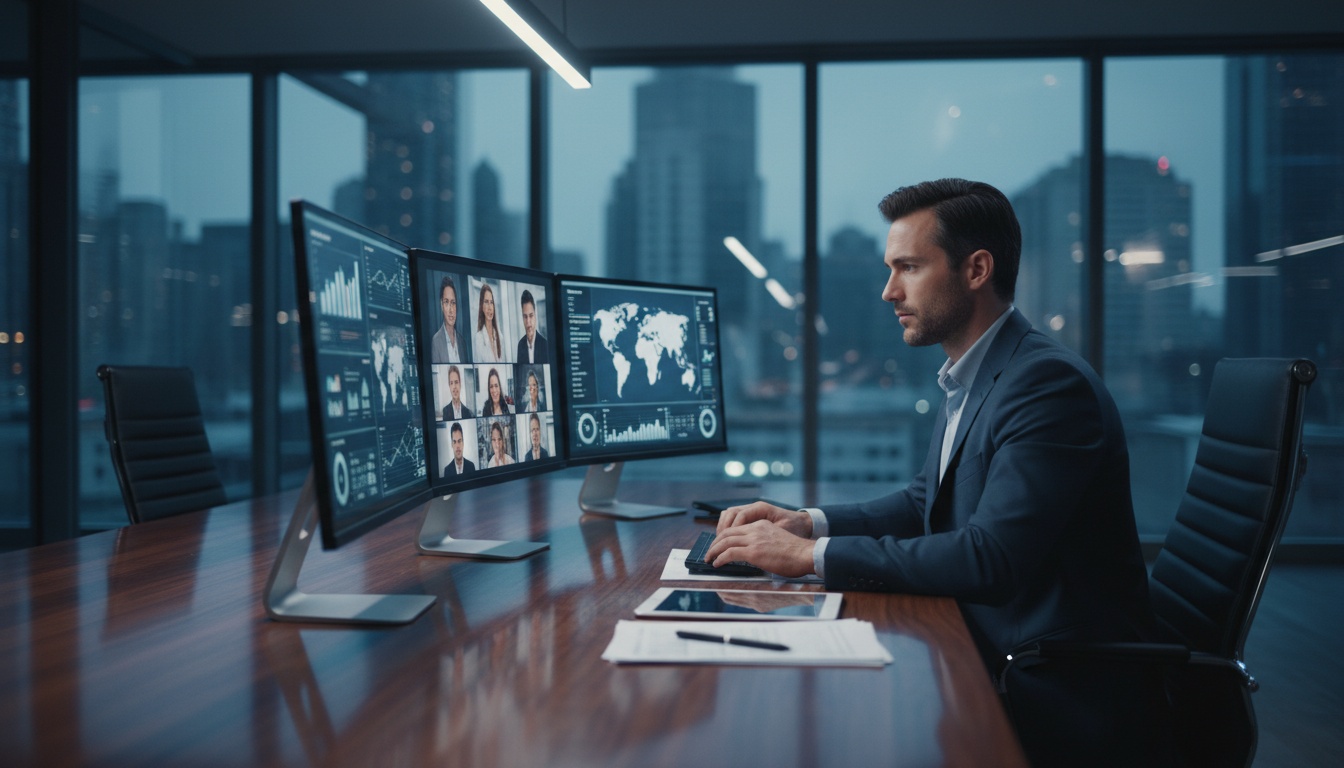 Profissional de negócios conduzindo uma importante videochamada em um ambiente de escritório moderno com múltiplas telas de computador visíveis