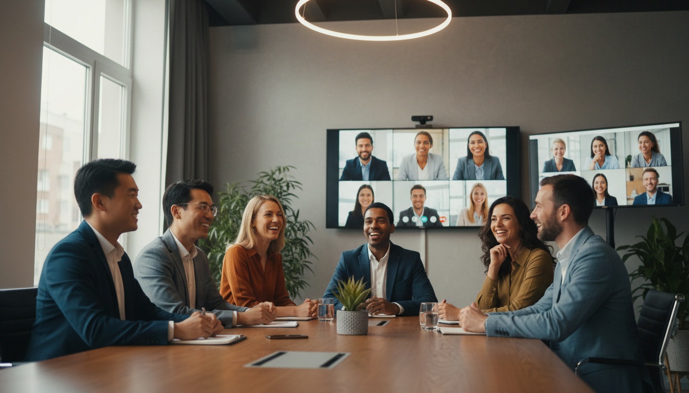 Profissionais diversos participando de uma videoconferência multilíngue, exibindo expressões engajadas e gestos durante reunião virtual de negócios.