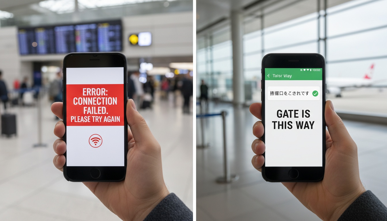 Image en écran partagé d'un voyageur à l'aéroport tenant son téléphone : à gauche, un message d'erreur d'une application de traduction hors ligne ; à droite, une traduction réussie