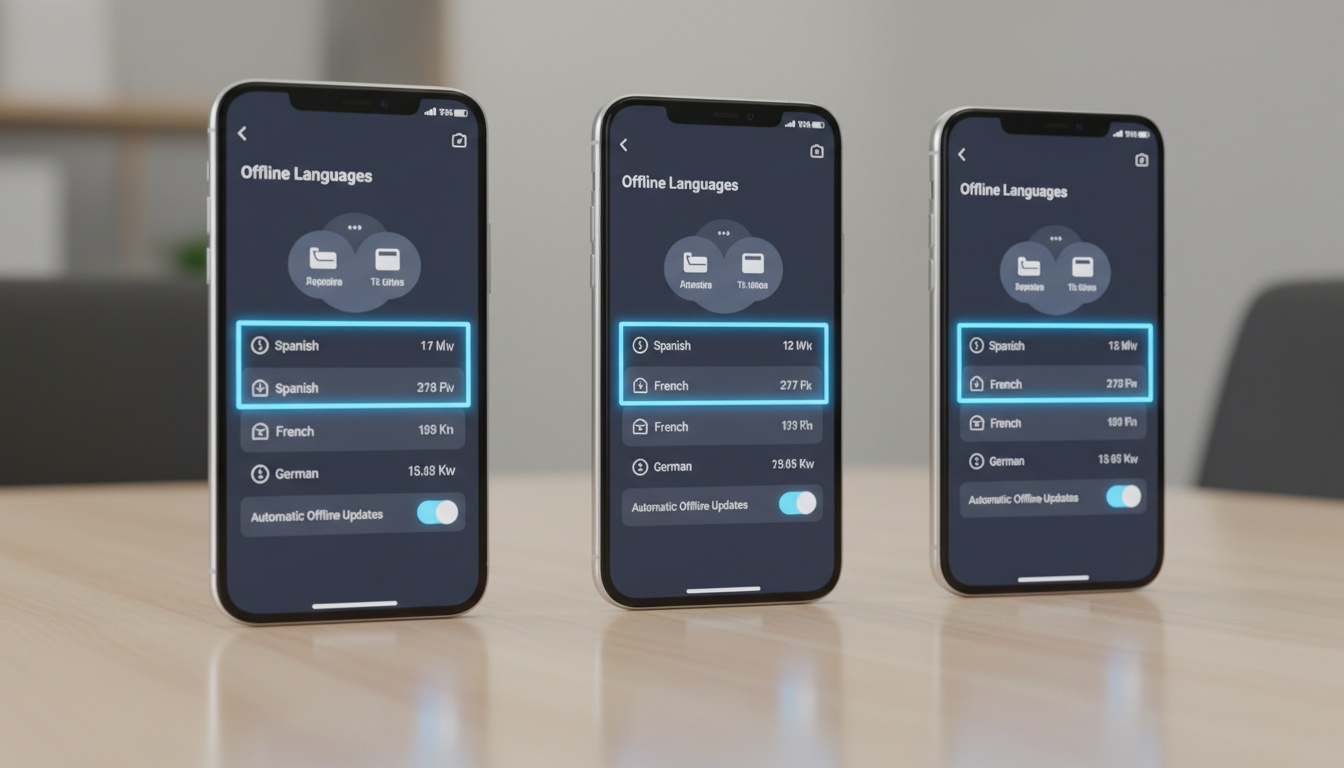 Plusieurs smartphones affichant les paramètres de traduction hors ligne et les écrans de téléchargement de Google Translate, Microsoft Translator et Apple Translate côte à côte.