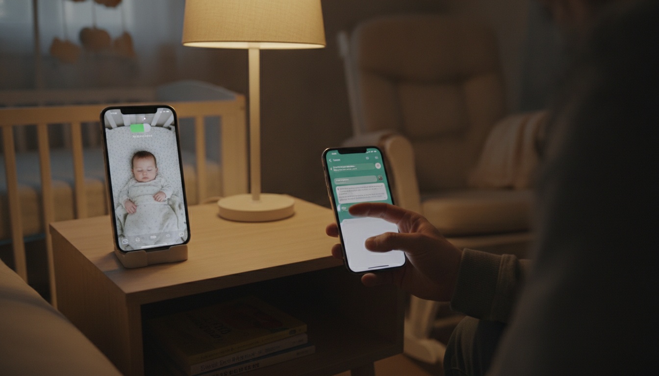 Two iPhones showing baby monitor setup—one on nightstand displaying nursery video feed, another held in parent's hand, warm bedroom lighting.