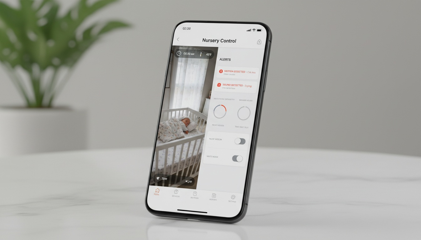 Side-by-side smartphone screens comparing baby monitor app interfaces with live camera feed and parent control dashboard elements visible.
