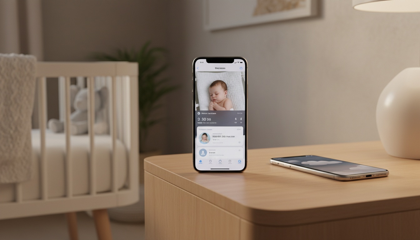 Two iPhones on a nightstand next to a crib, one displaying a baby monitor app screen, demonstrating a DIY baby monitoring setup.