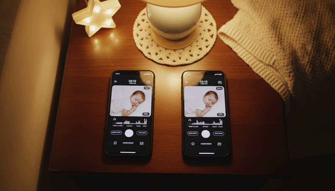 Two iPhones on a nightstand showing baby monitor app screens with soft warm lighting in a nursery setting.