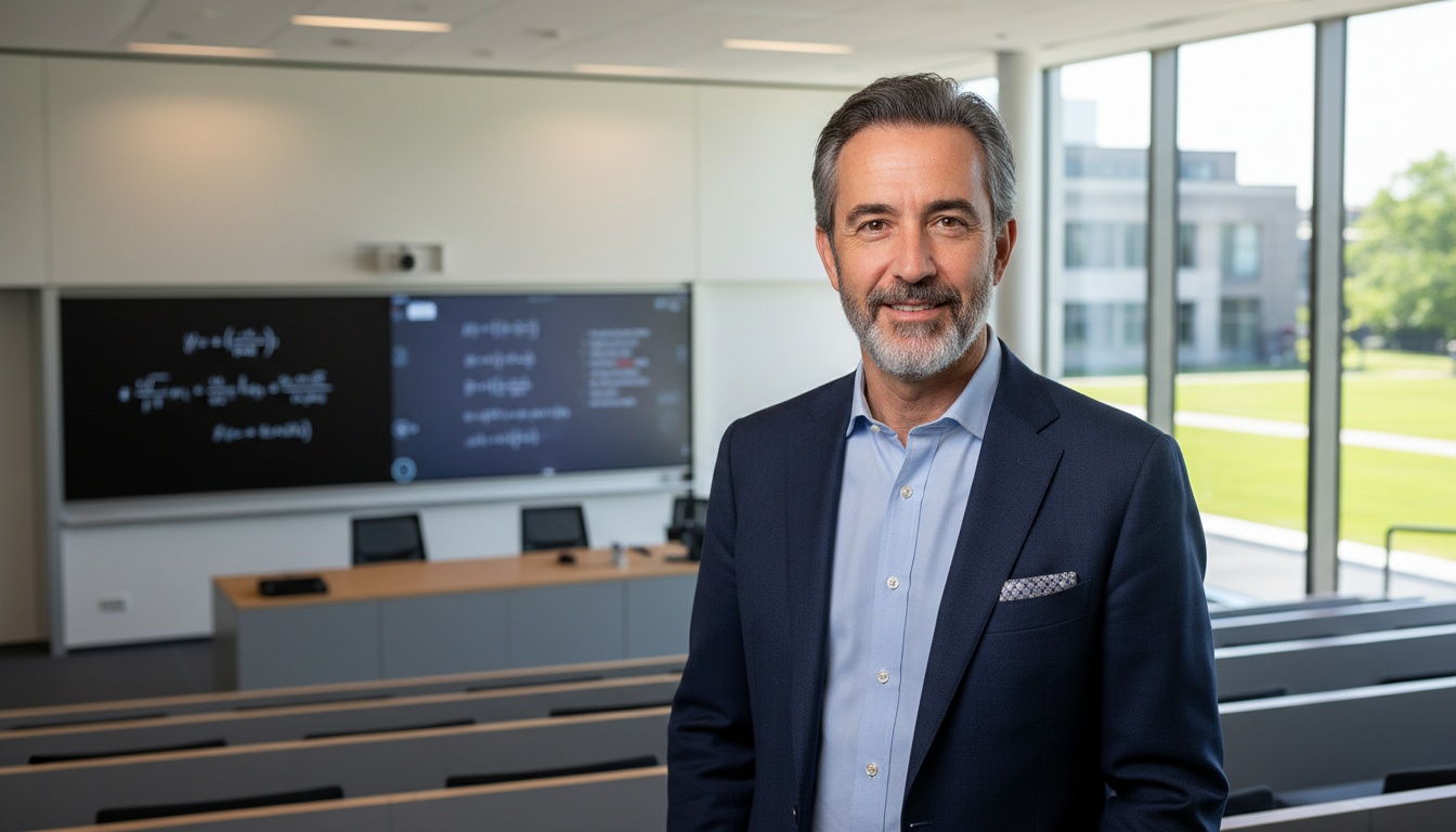 Professional portrait of Mike Hill, Ordway Professor of Mathematics, in an academic setting with mathematics-related background elements visible.