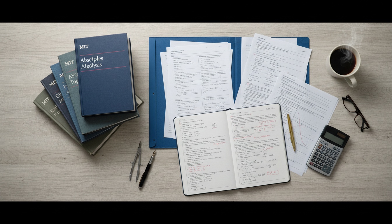 Overhead view of mathematics textbooks and competition papers arranged on a desk, representing MIT admissions criteria beyond standardized test scores.