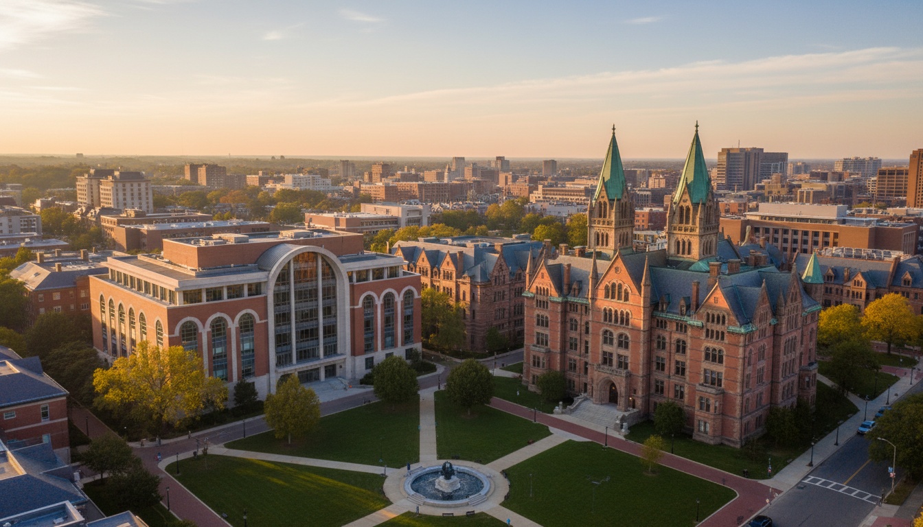 Aerial campus view of two University of Pennsylvania buildings representing Wharton and College of Arts and Sciences side by side.