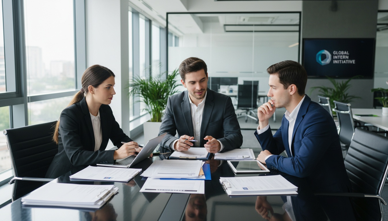 Young professionals in business attire collaborating over career materials and laptops in a contemporary office workspace, representing internship and career planning discussions.