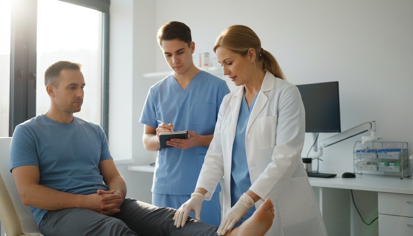 Medical student observing a physician examining a patient in a clinical setting, demonstrating hands-on medical training and shadowing experience.