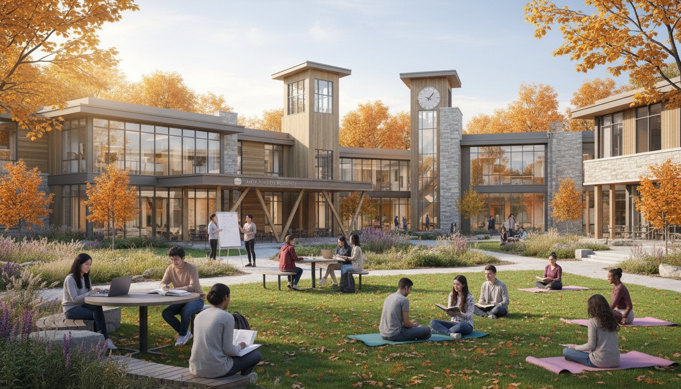 秋季,一群多元化的学生在加拿大现代寄宿学校校园内参与户外学习,背景可见现代建筑。