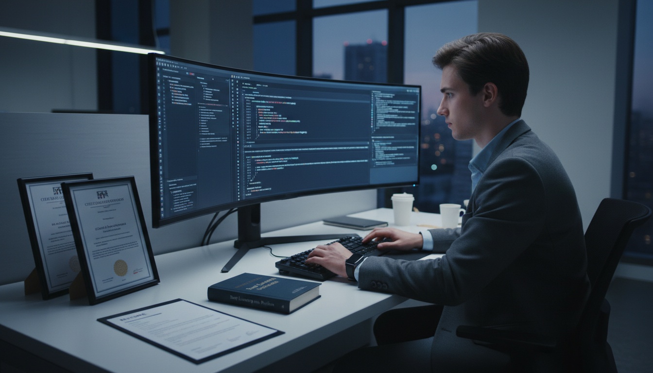 CS student studying at desk with multiple monitors displaying code, surrounded by resume and certification materials, representing competitive job market preparation.