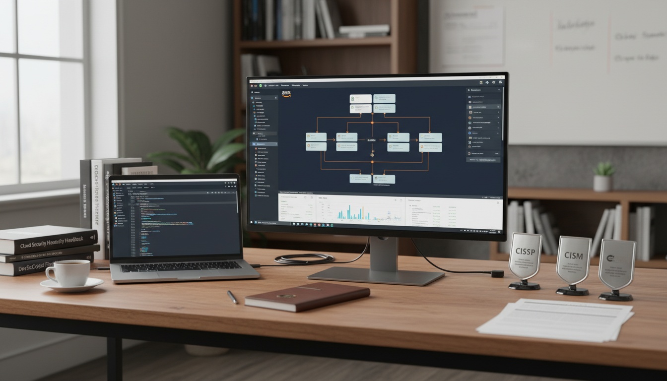 Computer workstation displaying cloud infrastructure diagrams and AWS certification materials, representing technical credentials and career advancement in computer science.
