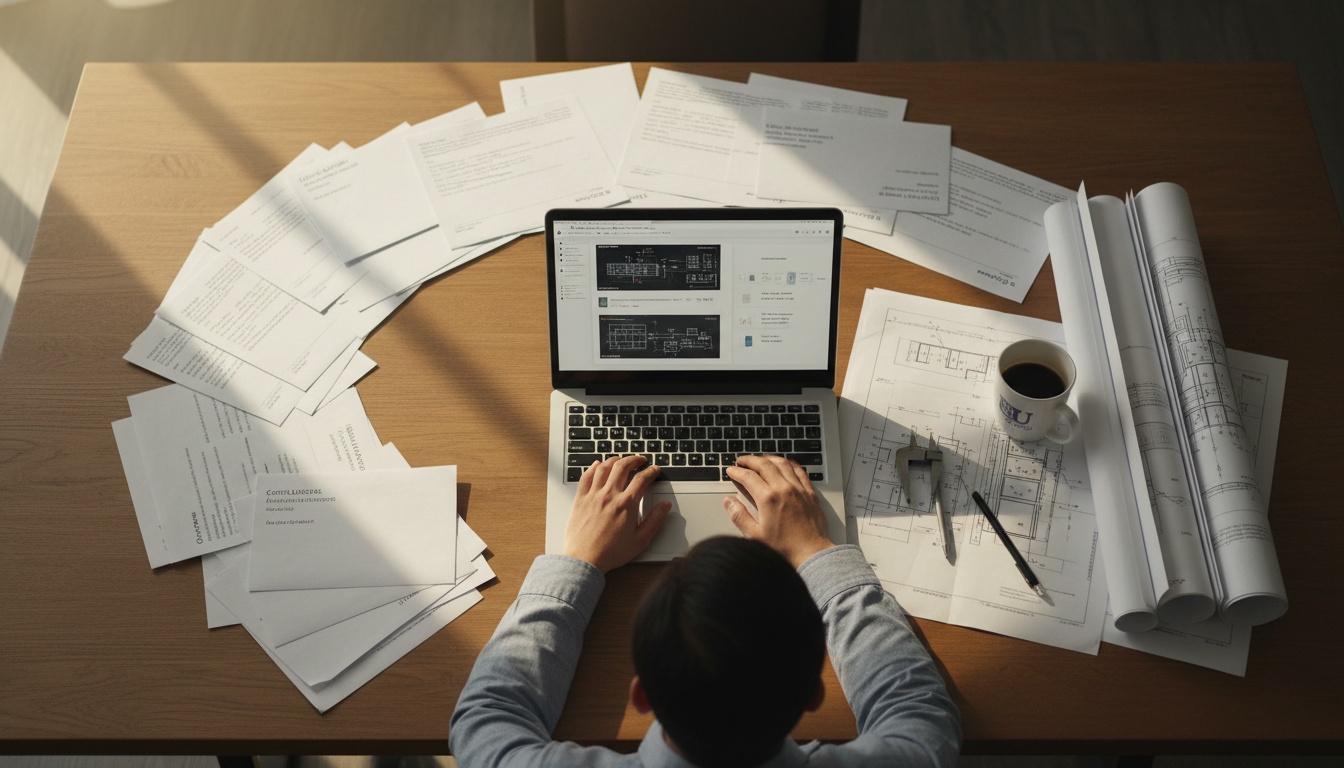 Engineering student reviewing college acceptance letters and materials at a desk, representing the decision-making process between top universities.