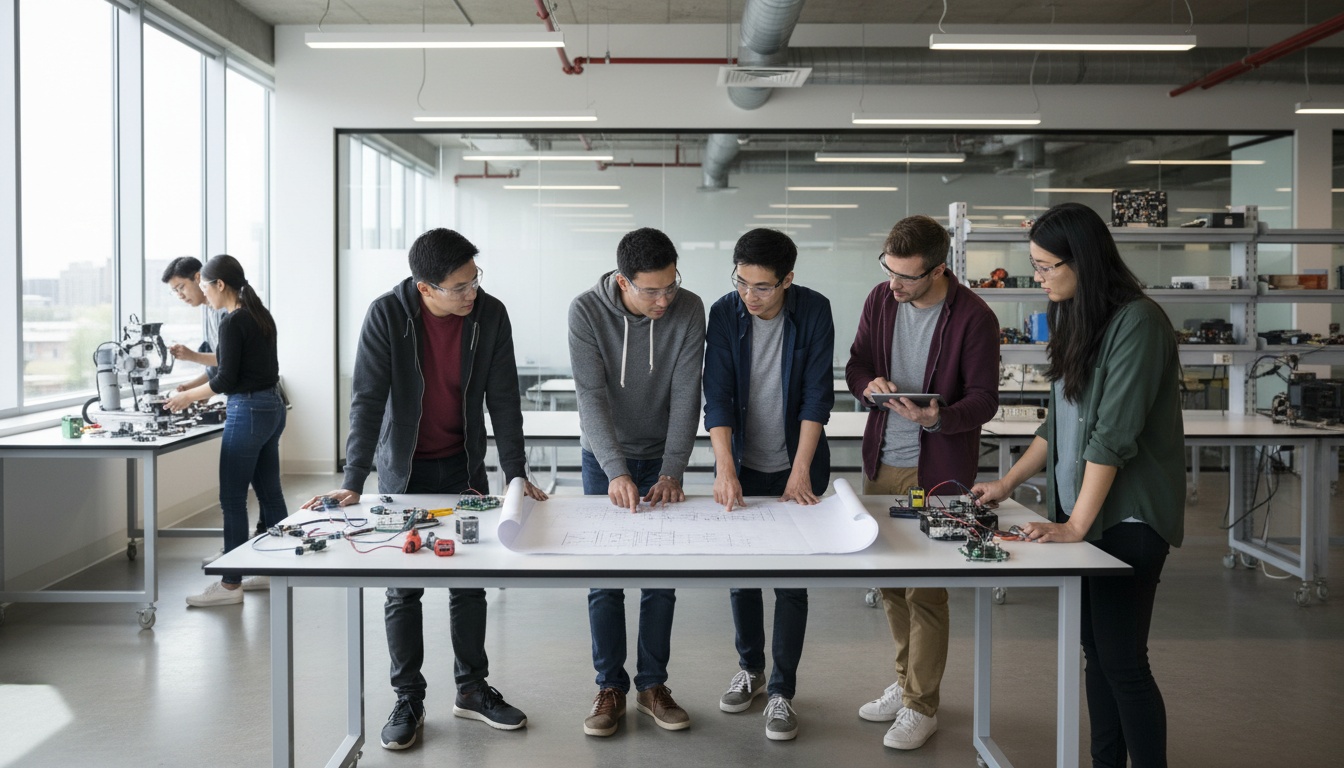 Group of engineering students working together on a project in a well-lit laboratory setting with technical equipment and blueprints visible.