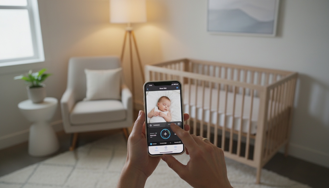 Parent viewing iPhone screen showing live video feed of sleeping infant in crib during nighttime monitoring setup