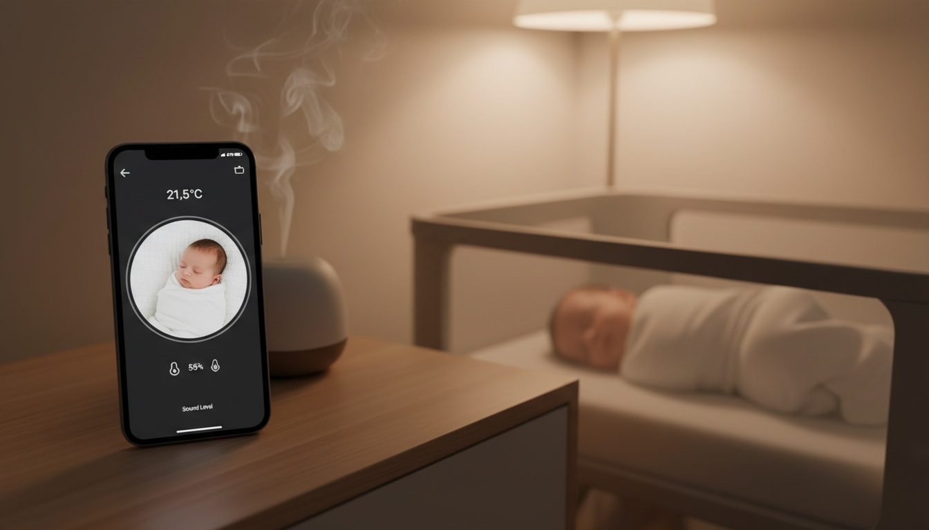 Smartphone showing baby monitor app on nightstand beside sleeping baby in dimly lit nursery room with warm ambient lighting.