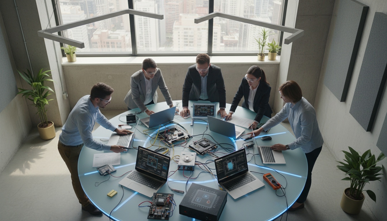 Engineers working together at a desk with computers and circuit boards in a modern, well-lit professional workspace.