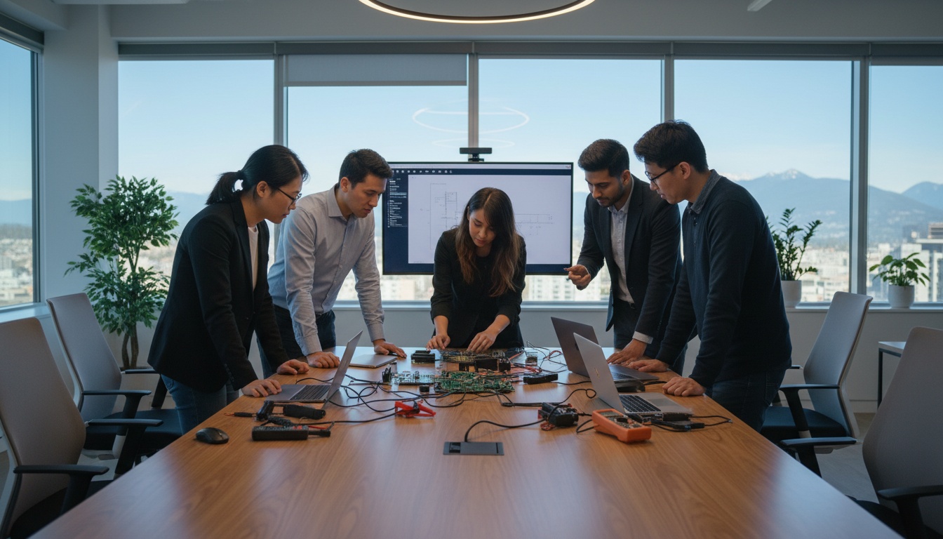 Team of engineers collaborating on hardware projects in a modern tech office workspace with circuit boards and laptops.