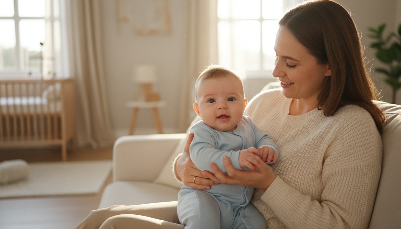 Parent holding an alert 3-month-old baby who is making eye contact, both appearing calm and connected in warm, soft natural lighting.