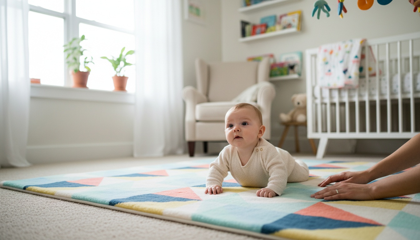 Baby on colorful play mat during tummy time with caregiver nearby in bright, naturally-lit nursery space, demonstrating developmental activity for 3-month-olds.
