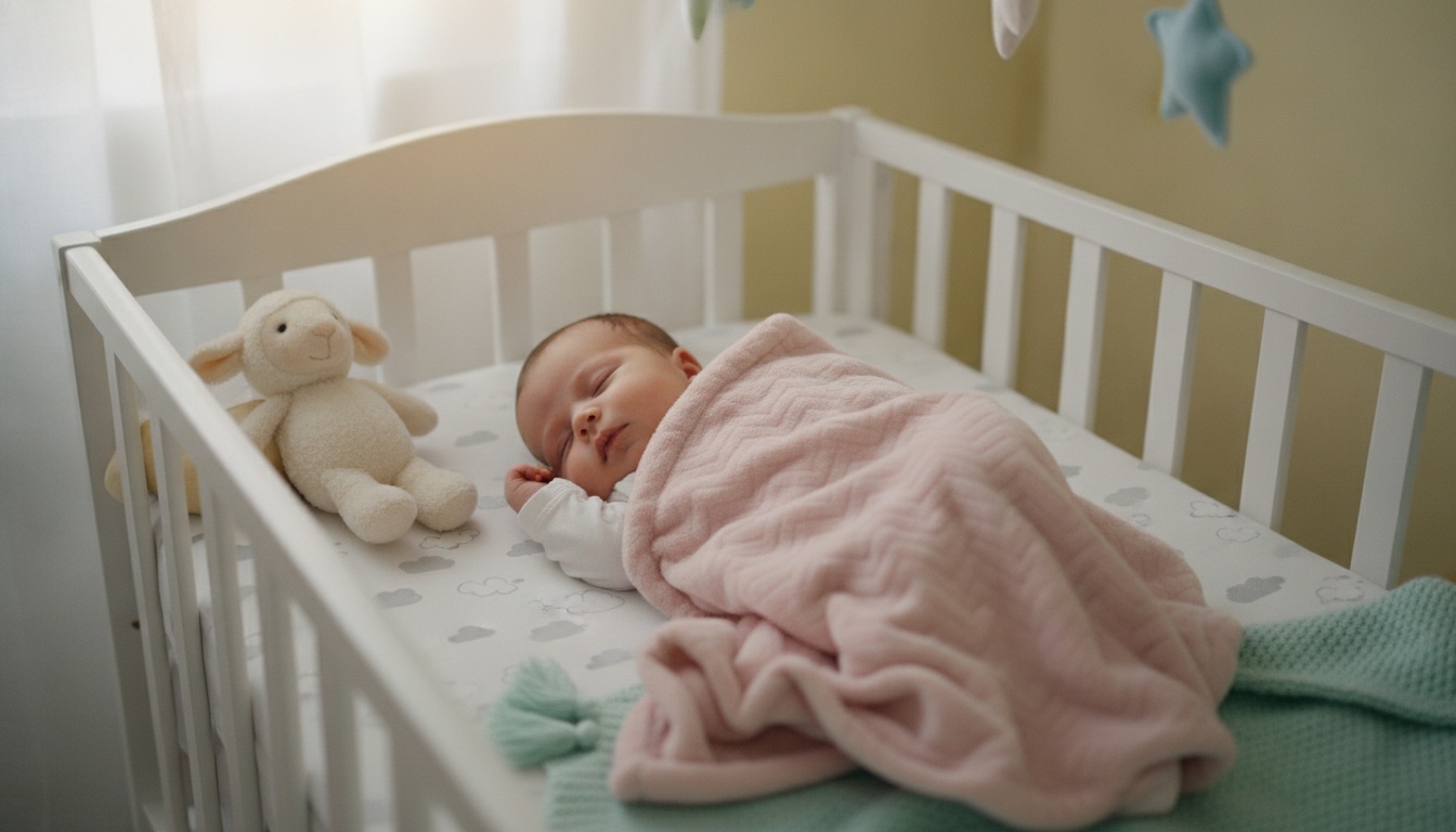 A sleeping 4-month-old infant in a crib with soft natural lighting and gentle nursery decor in pastel tones.