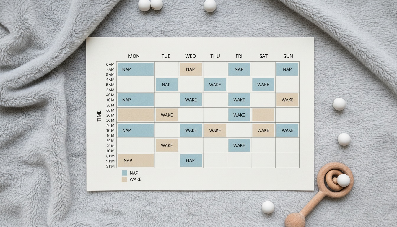 Overhead view of a color-coded sleep schedule chart displaying nap times and wake windows for a 4-month-old baby in organized timeline blocks.
