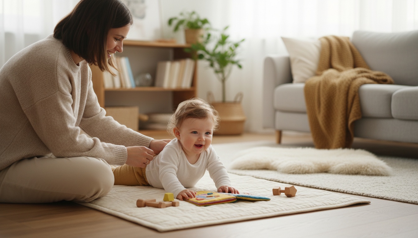 Calm baby playing on a mat with parent nearby in natural light, representing healthy awake time and parental presence during infant development