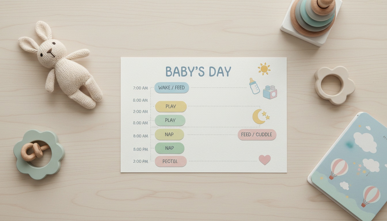 Overhead view of a organized baby sleep schedule layout on a light wooden surface with soft pastel colors and visual time block organization.