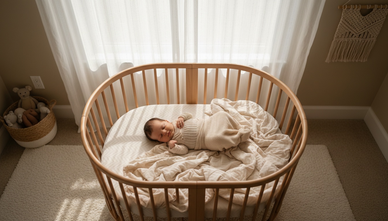 Peaceful 8-month-old baby sleeping soundly in a bright, minimalist nursery with soft natural light filtering through windows.