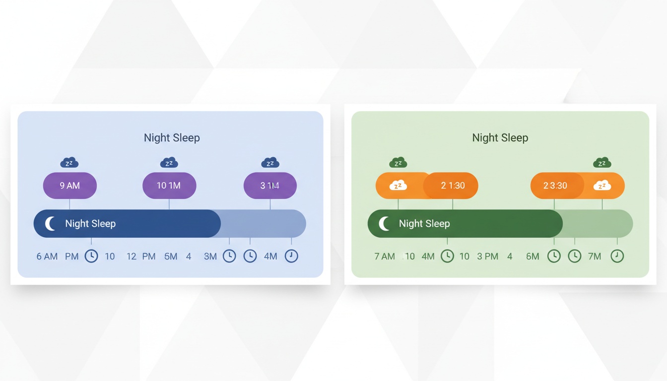 Side-by-side visual comparison of two different baby nap schedule timelines with color-coded nap blocks and clock indicators for time management.